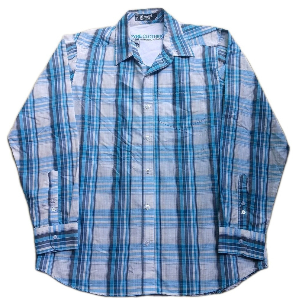 Empyre Clothing Co. Blue Gray Plaid Button Up Shirt Mens Large